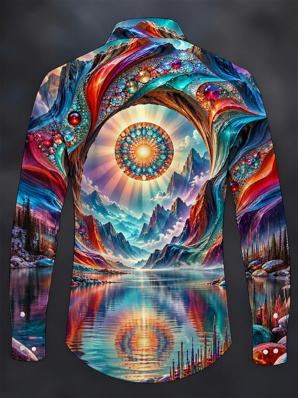 Oceanlyte Men's Long Sleeve Shirt - Psychedelic Mountain Lake Landscape With Mandala Sun Print with Chest Pocket