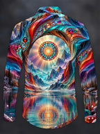 Oceanlyte Men's Long Sleeve Shirt - Psychedelic Mountain Lake Landscape With Mandala Sun Print with Chest Pocket
