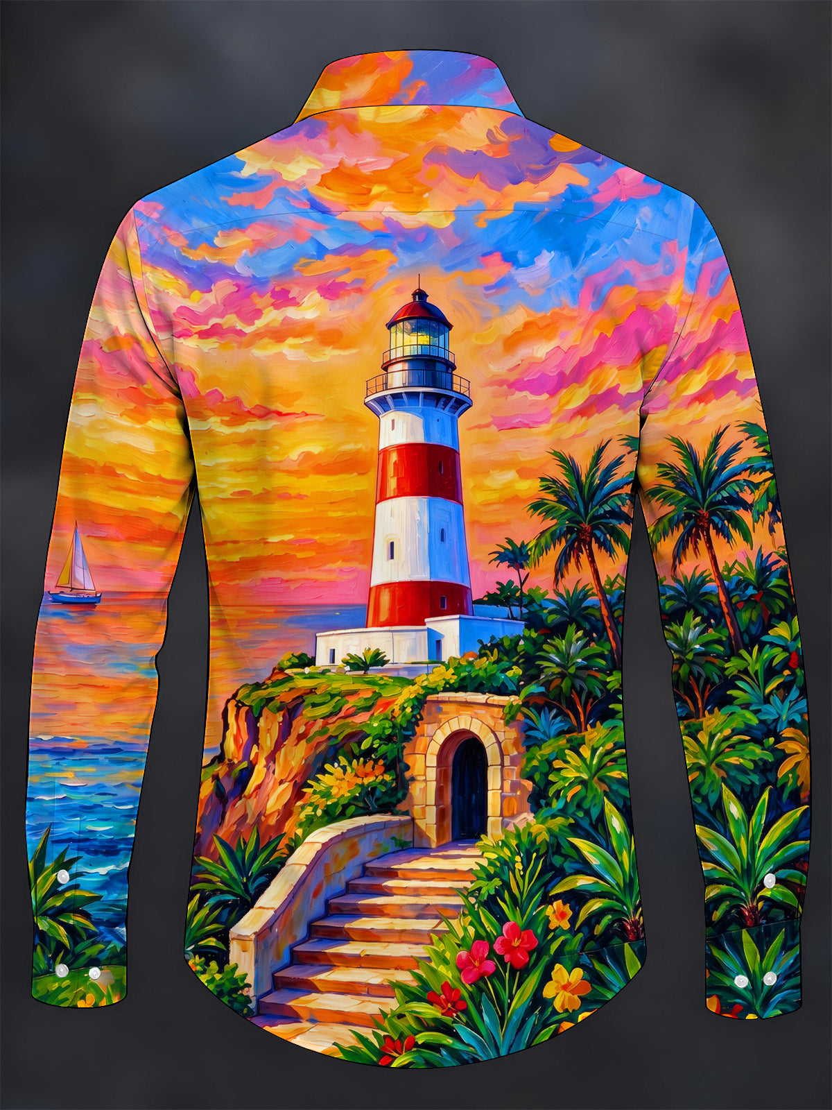 Oceanlyte Men's Coastal Lighthouse Sunset Seascape Print Long Sleeve Shirt with Chest Pocket