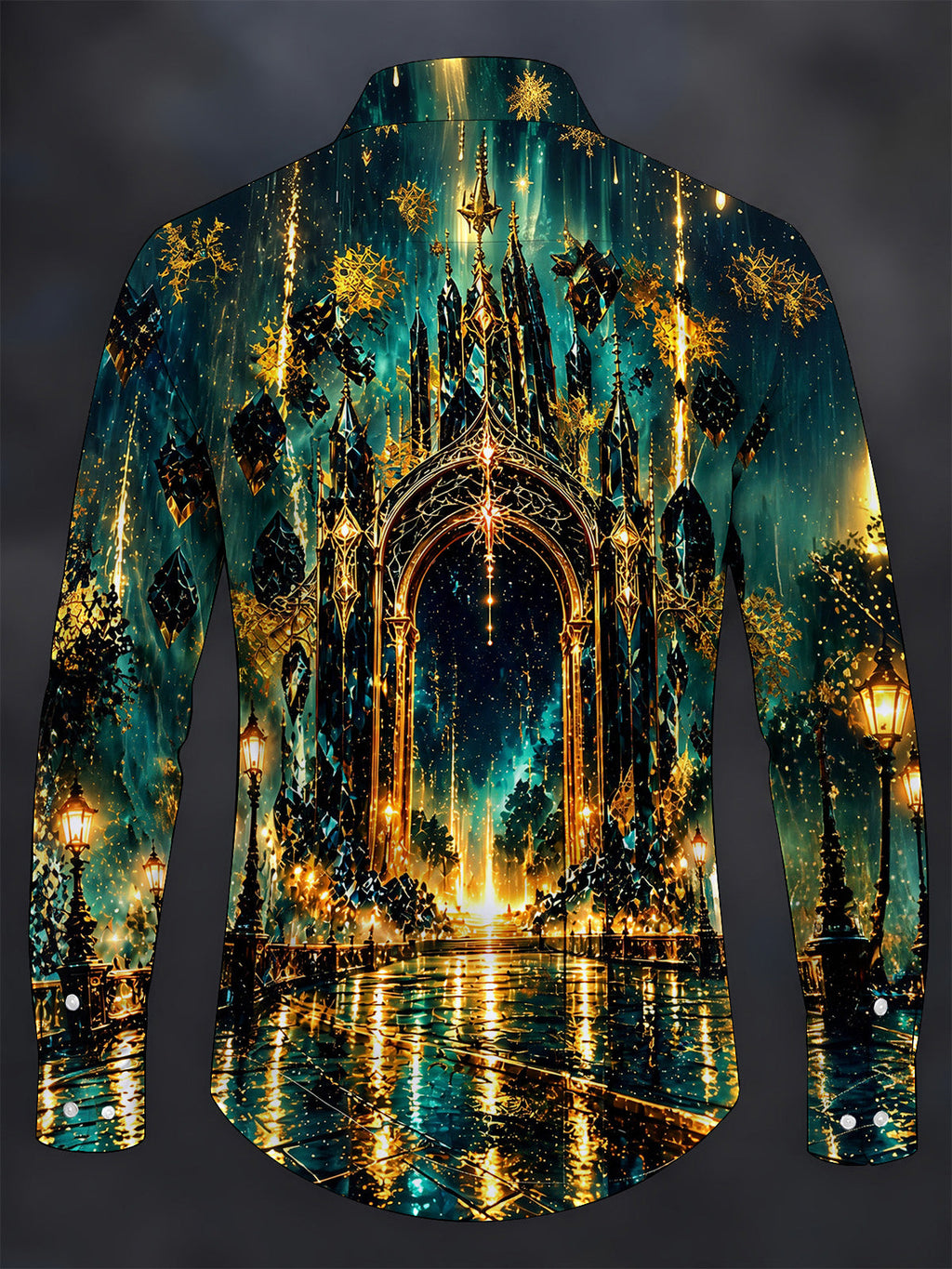 Oceanlyte Men's Gothic Castle Architecture And Night Sky Print Long Sleeve Shirt with Chest Pocket