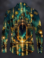 Oceanlyte Men's Gothic Castle Architecture And Night Sky Print Long Sleeve Shirt with Chest Pocket