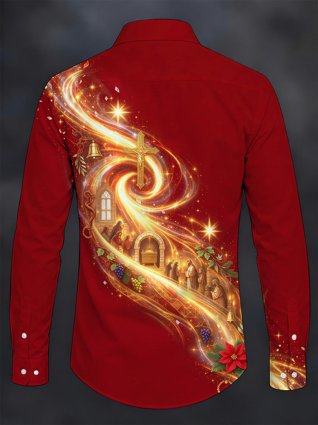 Oceanlyte Men's Long Sleeve Shirt - Christmas Christian Church Scene With Cross And Poinsettia Print with Chest Pocket