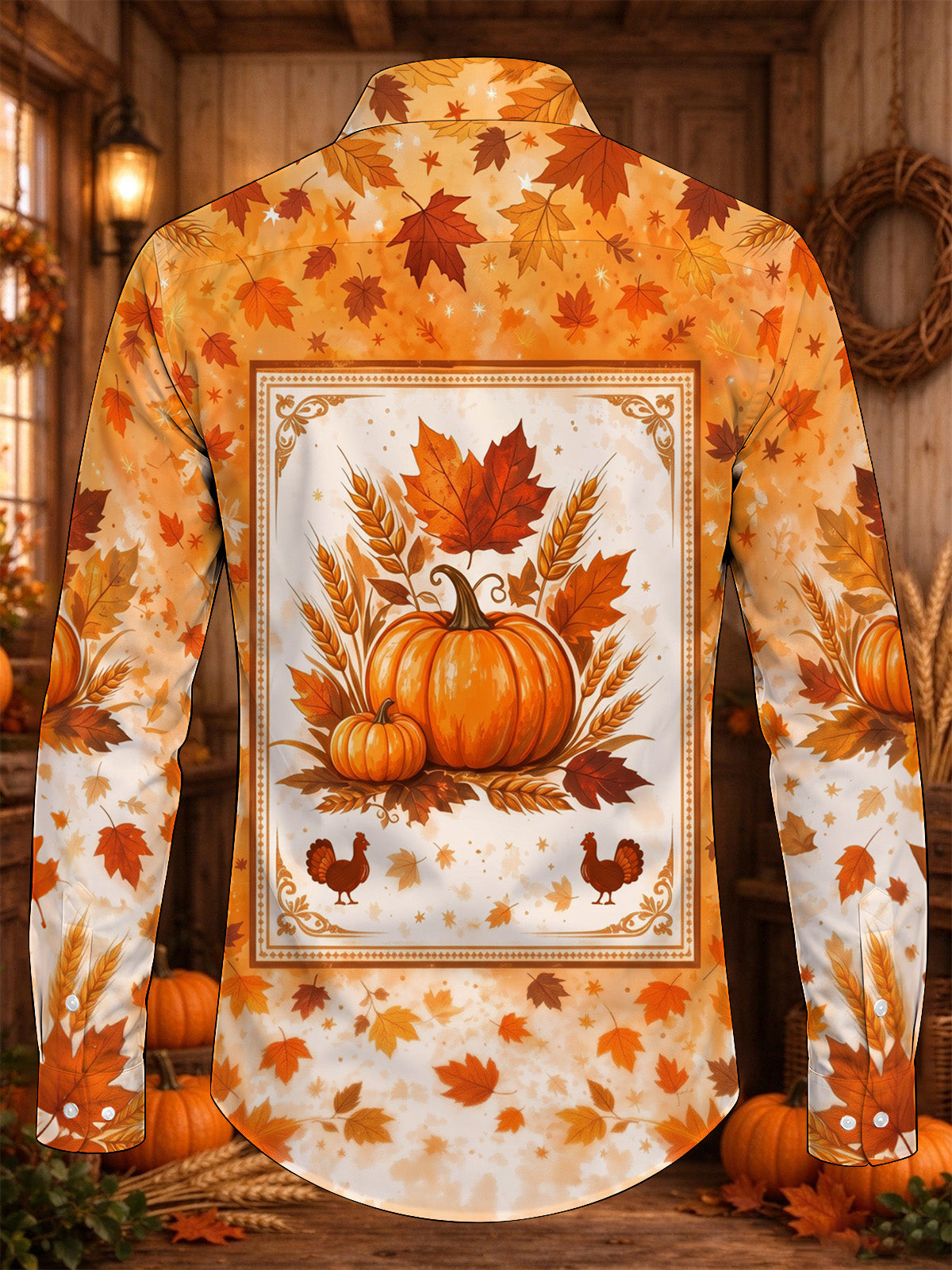 Oceanlyte Men's Long Sleeve Shirt - Thanksgiving Pumpkins Turkeys And Autumn Leaves Print with Chest Pocket