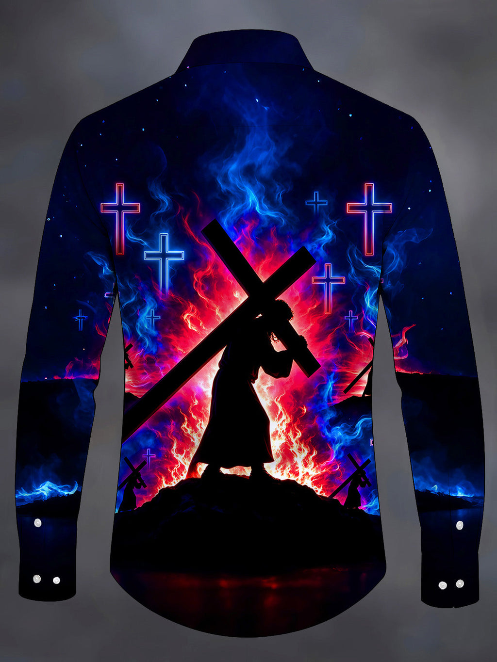 Oceanlyte Men's Long Sleeve Shirt - Silhouette Of Jesus Carrying The Cross With Neon Crosses Print with Chest Pocket