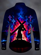 Oceanlyte Men's Long Sleeve Shirt - Silhouette Of Jesus Carrying The Cross With Neon Crosses Print with Chest Pocket