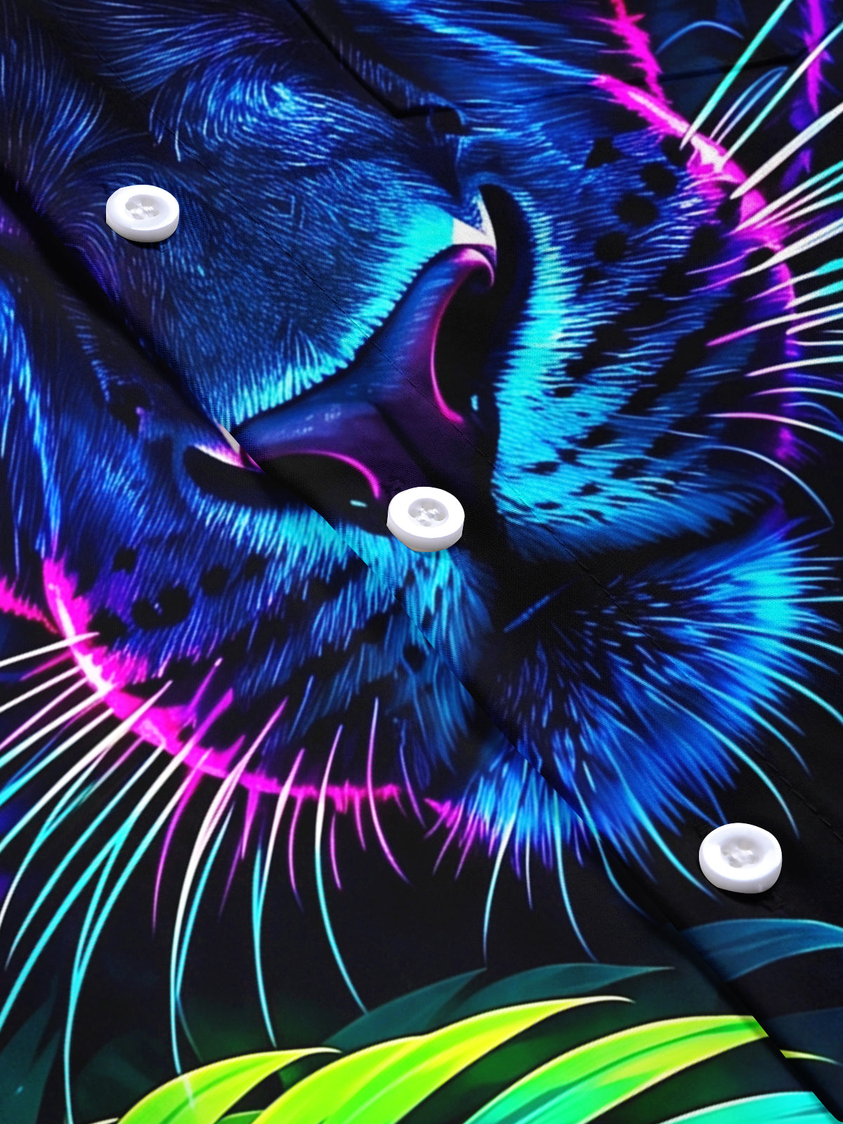 Oceanlyte Men's Neon Black Panther And Tropical Leaves Print Short Sleeve Shirt with Chest Pocket