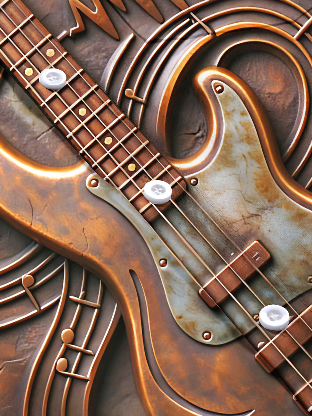 Oceanlyte Men's Short Sleeve Shirt - Bronze Relief Bass Guitar And Musical Notes Print with Chest Pocket