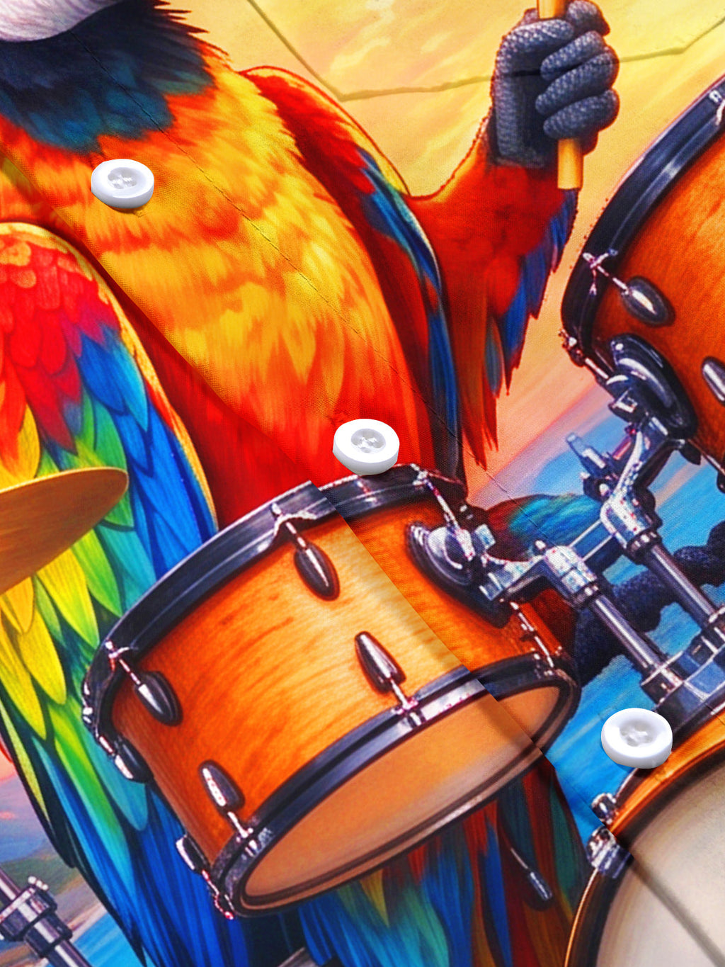 Oceanlyte Men's Hawaiian Parrot Playing Drums Print Short Sleeve Shirt with Chest Pocket