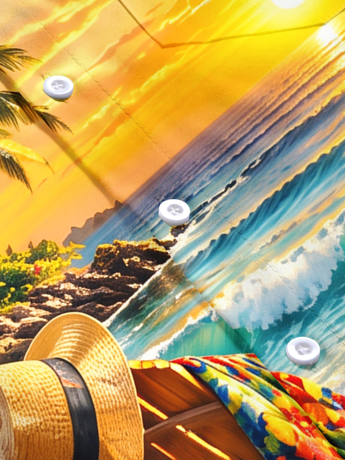 Oceanlyte Men's Short Sleeve Shirt - Beach Sunset Scenery With Palm Trees And Hibiscus Flowers Print with Chest Pocket