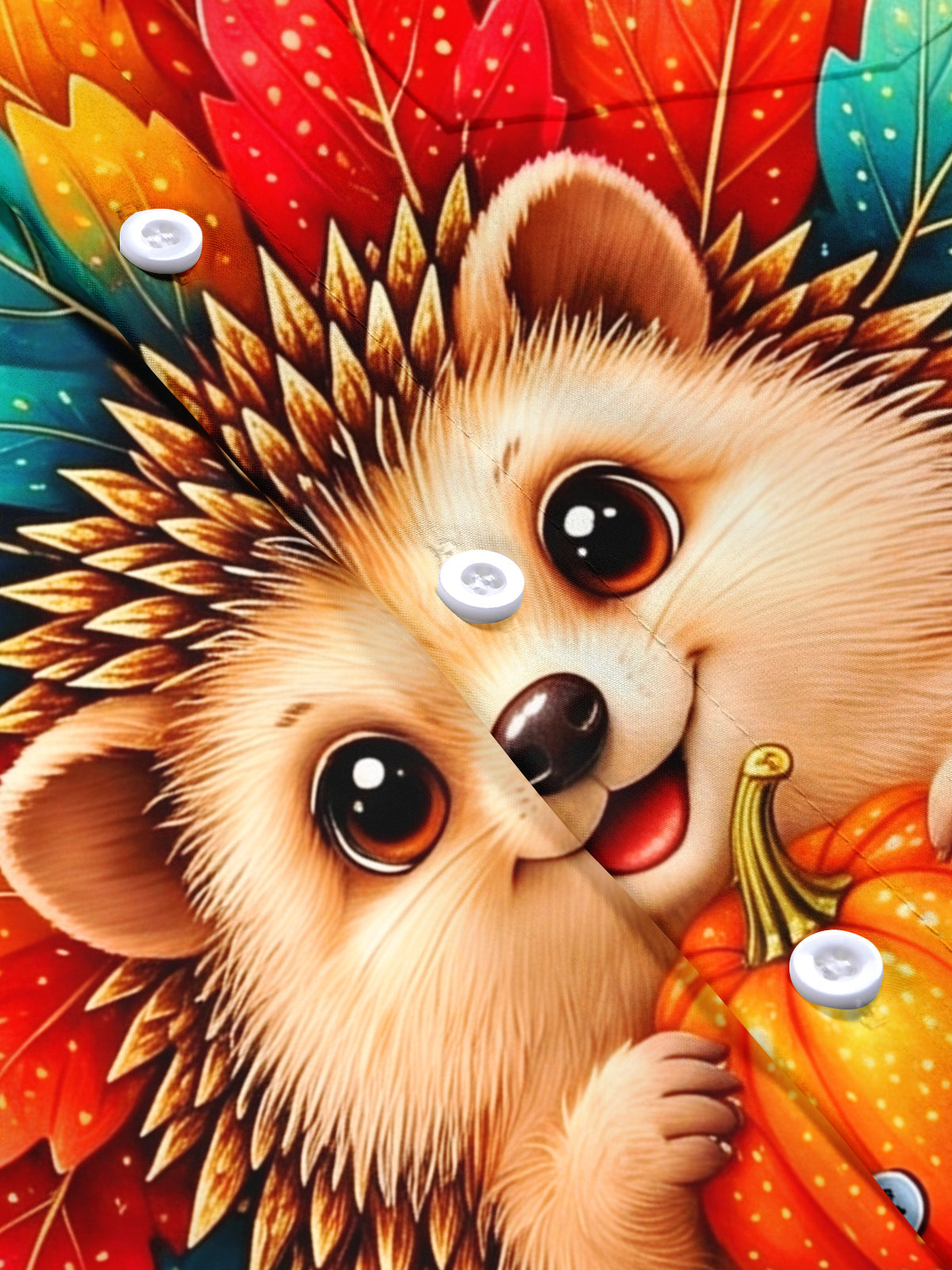 Oceanlyte Men's Short Sleeve Stand Collar Shirt - Hedgehog Holding A Pumpkin With Autumn Leaves Print with Chest Pocket