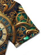 Oceanlyte Men's Graphic Steampunk Clock Gears And Gems Print Short Sleeve Shirt with Chest Pocket