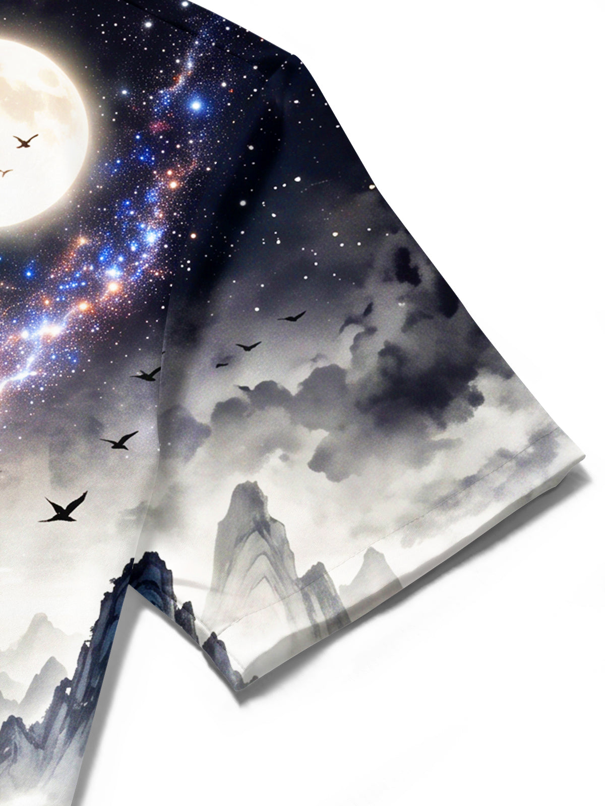 Oceanlyte Men's Short Sleeve Shirt - Ink Dragon And Moonlit Mountain Landscape Print with Chest Pocket