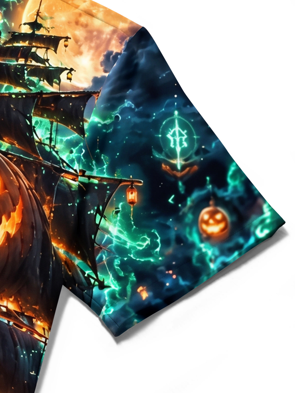 Oceanlyte Men's Graphic Halloween Pumpkin Ghost Ship Print Short Sleeve Shirt with Chest Pocket