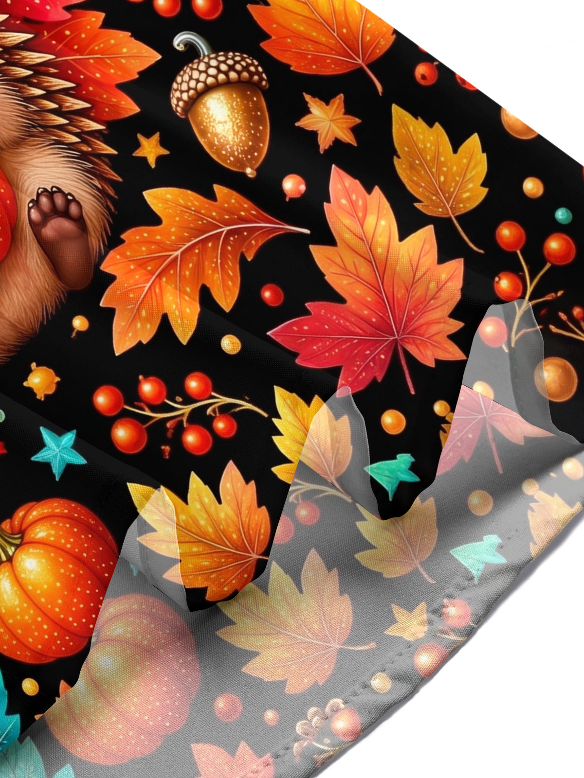 Oceanlyte Men's Short Sleeve Stand Collar Shirt - Hedgehog Holding A Pumpkin With Autumn Leaves Print with Chest Pocket