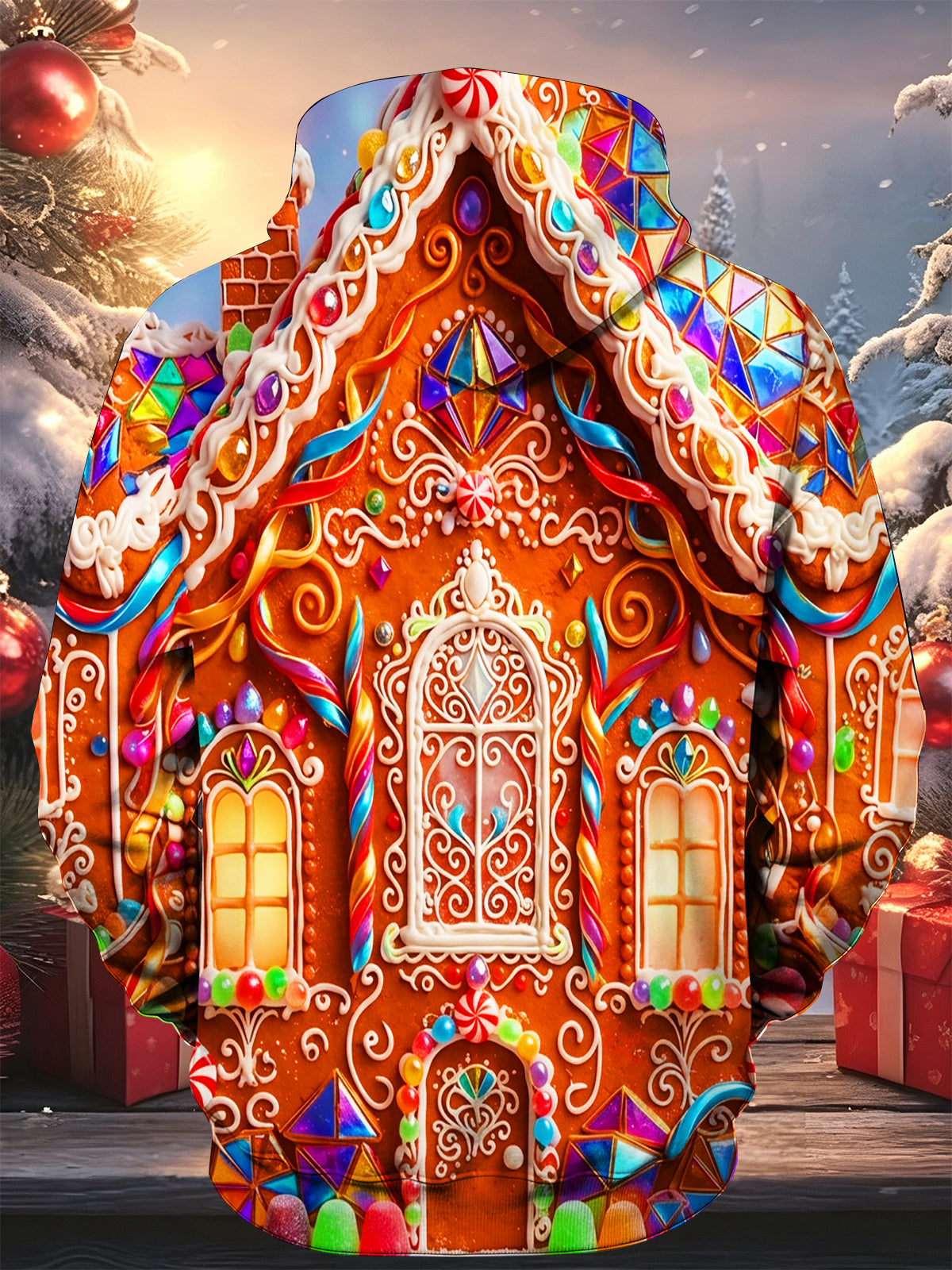 Oceanlyte Men's Gingerbread House With Candy And Icing Print Long Sleeve Hoodie