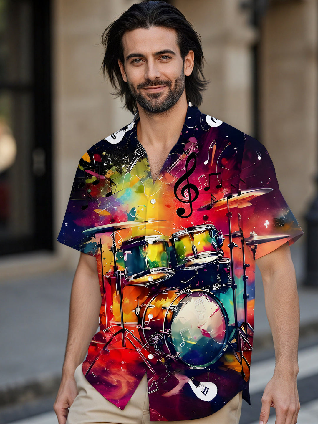 Oceanlyte Men's Graphic Abstract Drum Set Musical Notes Print Short Sleeve Button Down Shirt with Chest Pocket