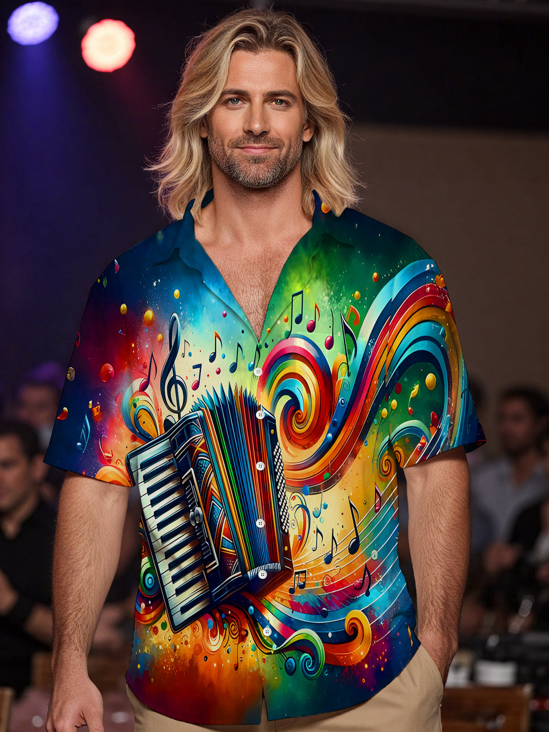 Oceanlyte Men's Abstract Colorful Accordion Music Graphic Print Short Sleeve Button Down Shirt with Chest Pocket