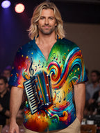 Oceanlyte Men's Abstract Colorful Accordion Music Graphic Print Short Sleeve Button Down Shirt with Chest Pocket