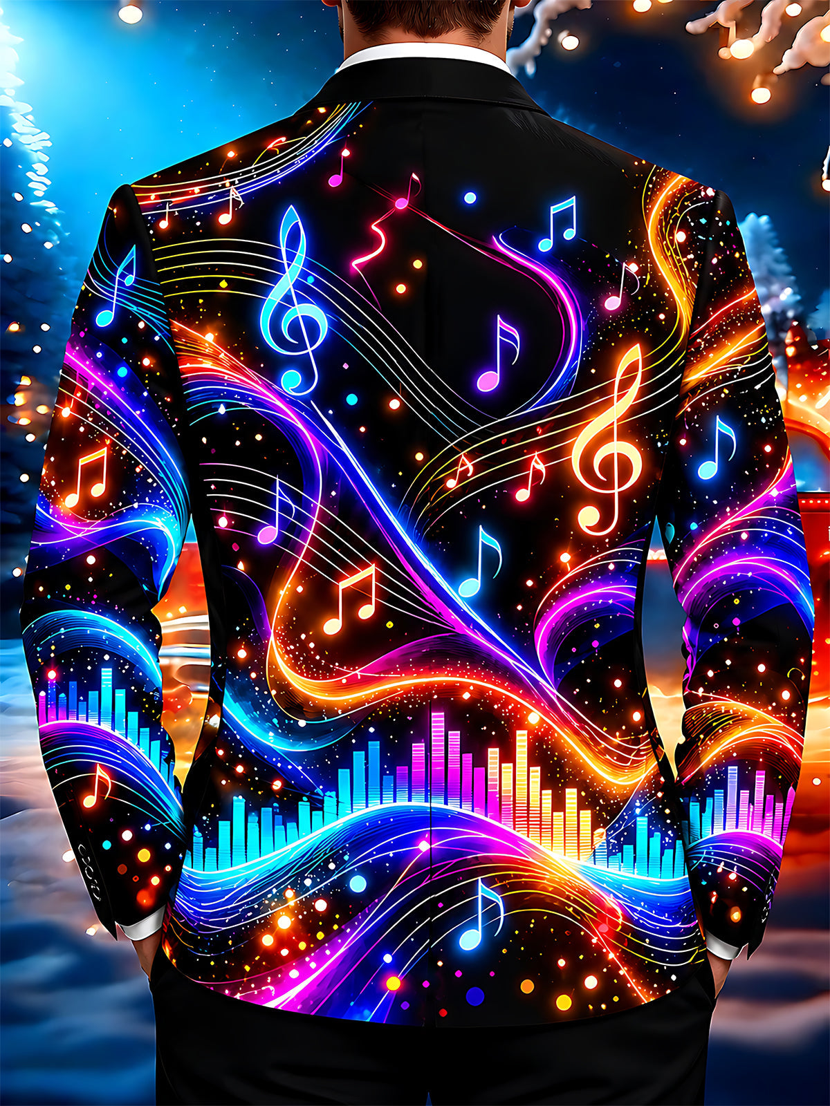 Oceanlyte Men's Neon Musical Notes And Audio Visualizer Print Long Sleeve Shirt with Chest Pocket
