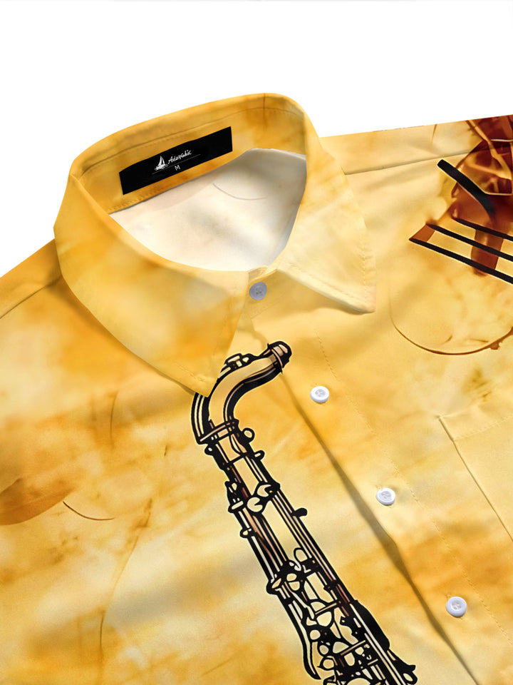 Oceanlyte Men's Graphic Jazz Saxophone Musical Notes Print Short Sleeve Button Down Shirt with Chest Pocket