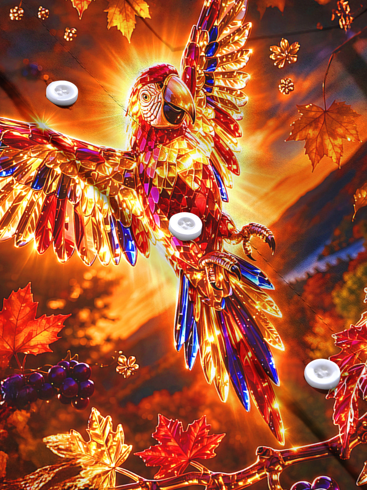 Oceanlyte Men's Long Sleeve Shirt - Crystal Parrot With Autumn Leaves And Grapes Print with Chest Pocket