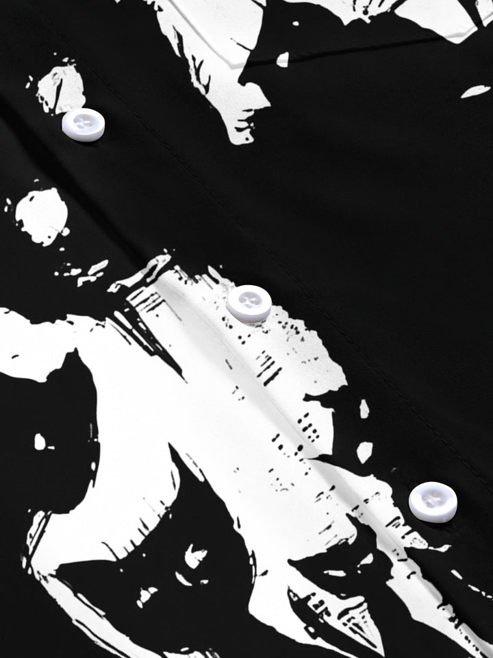 Oceanlyte Men's Graphic Black Cat Print Short Sleeve Shirt with Chest Pocket