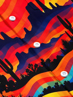 Oceanlyte Men's Short Sleeve Shirt - Desert Sunset Landscape With Cacti And Birds Print with Chest Pocket