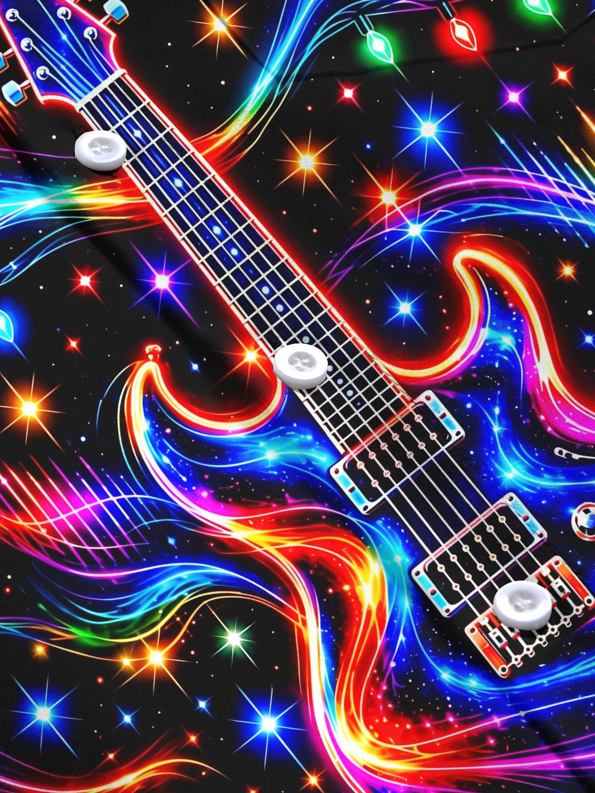 Oceanlyte Men's Long Sleeve Shirt - Neon Electric Guitar And Christmas Light Strings Print with Chest Pocket
