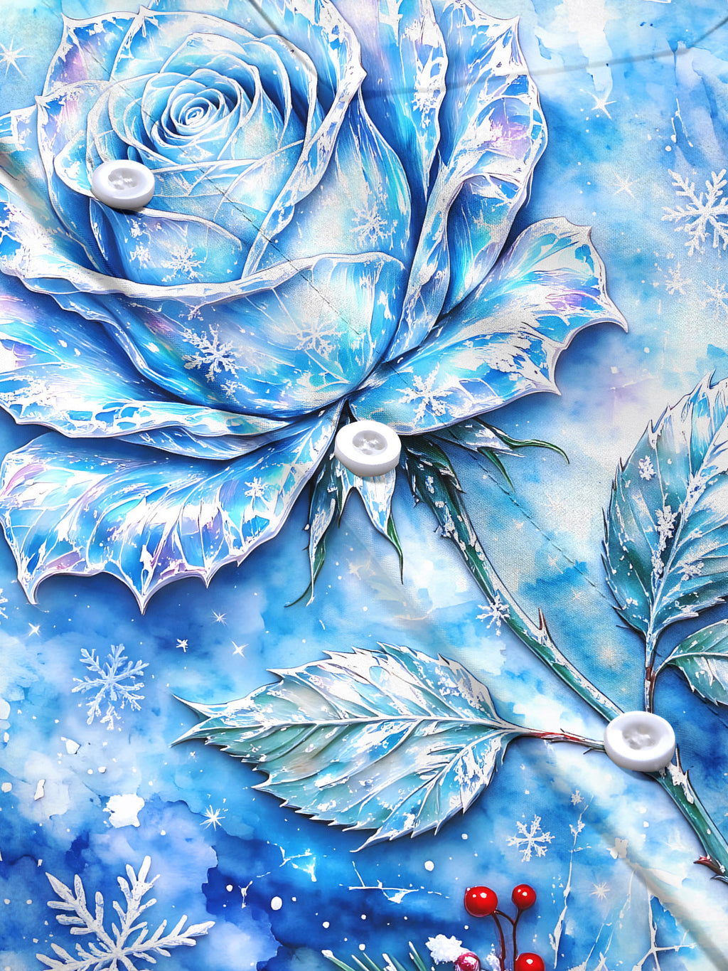 Oceanlyte Men's Long Sleeve Shirt - Blue Rose With Snowflakes And Winter Berries Print with Chest Pocket