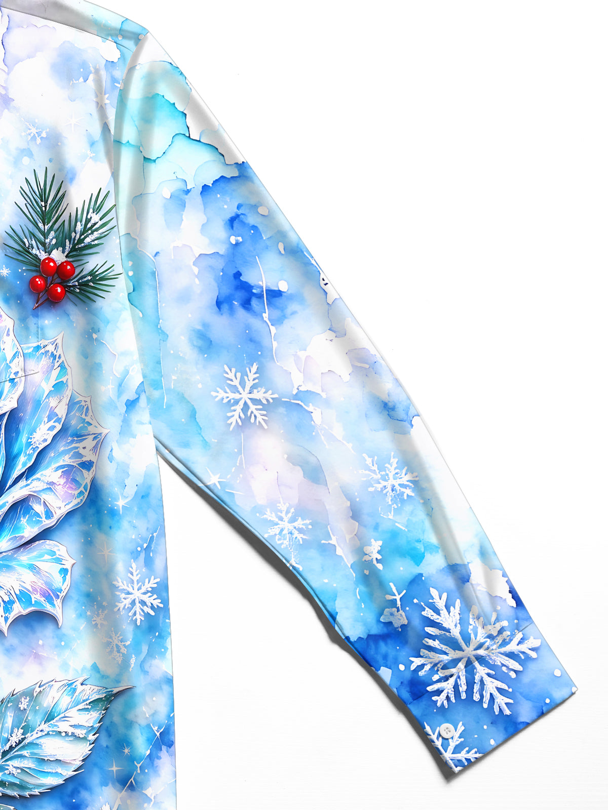 Oceanlyte Men's Long Sleeve Shirt - Blue Rose With Snowflakes And Winter Berries Print with Chest Pocket