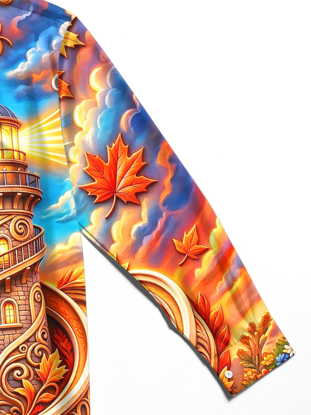 Oceanlyte Men's Hawaiian Lighthouse And Autumn Leaves Print Long Sleeve Shirt with Chest Pocket