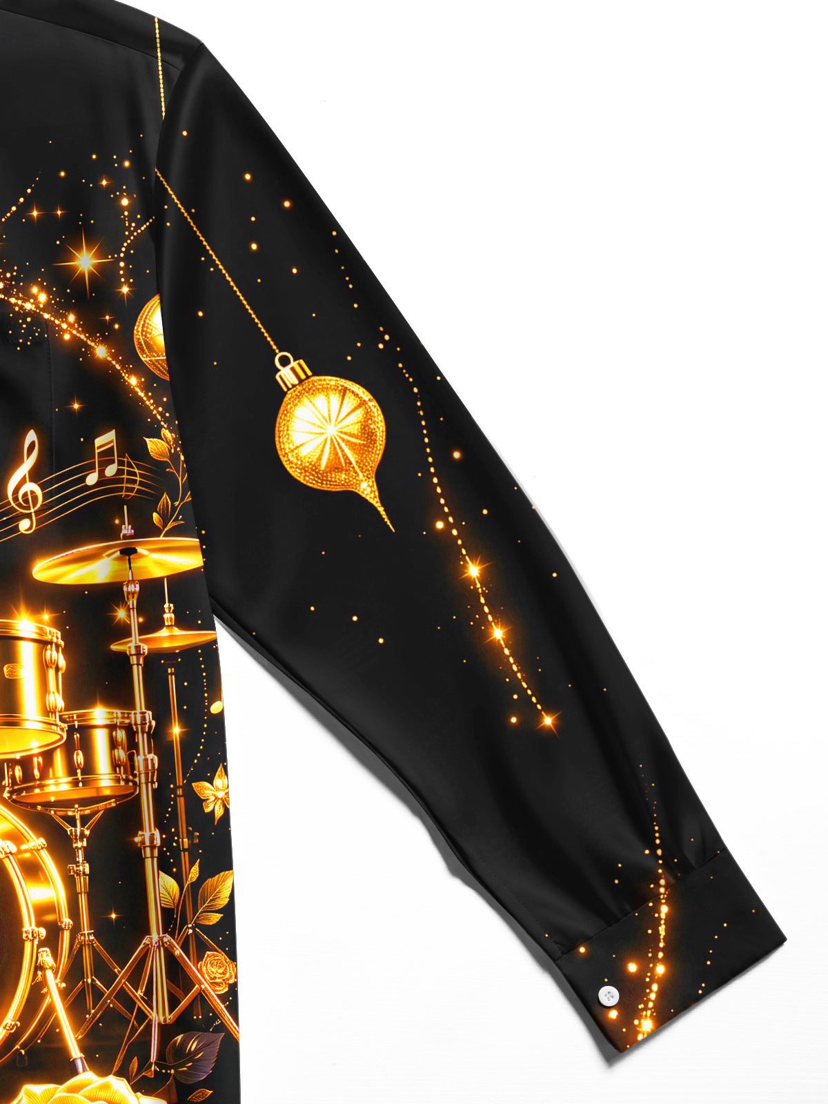 Oceanlyte Men's Long Sleeve Shirt - Christmas Ornaments And Musical Notes Print Golden Drum Set And Roses Print with Chest Pocket