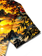 Oceanlyte Men's Red-crowned Crane And Landscape Print Short Sleeve Shirt with Chest Pocket