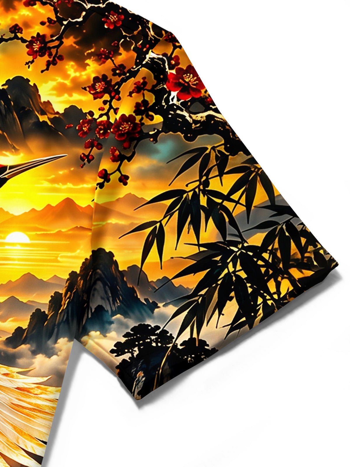 Oceanlyte Men's Red-crowned Crane And Landscape Print Short Sleeve Shirt with Chest Pocket