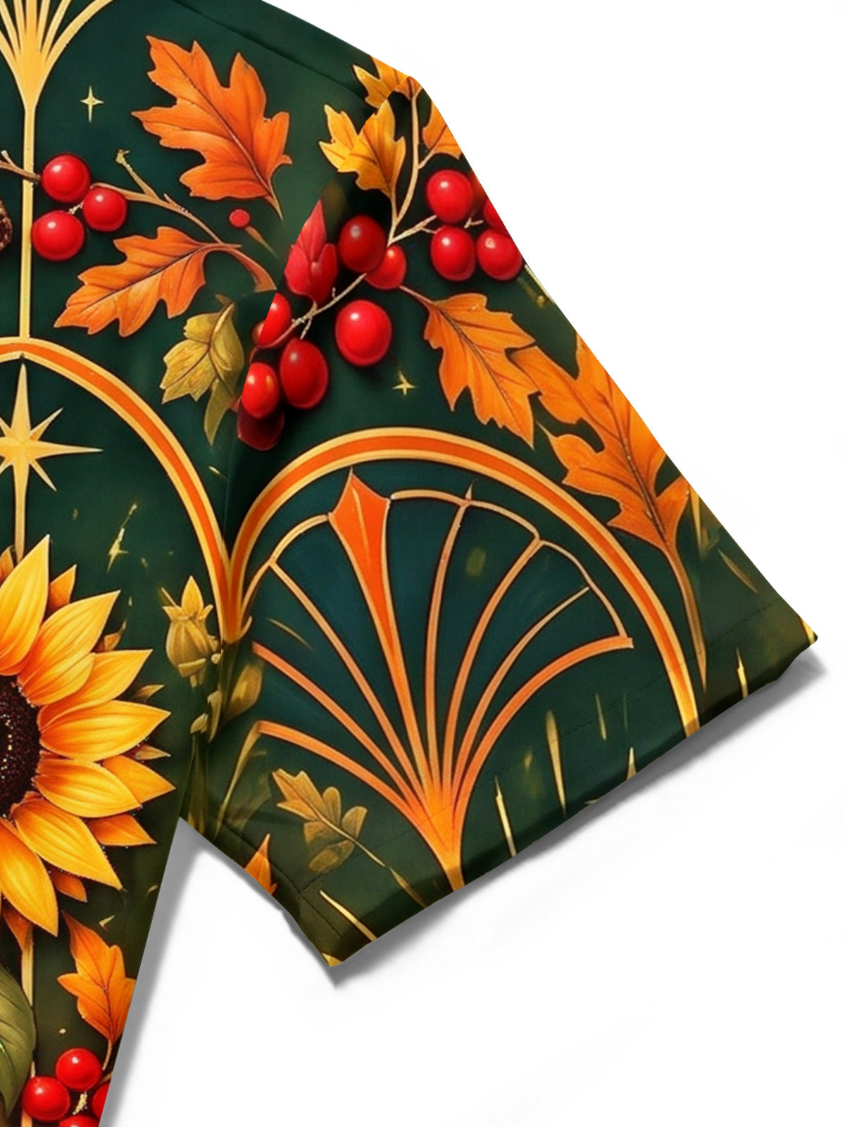Oceanlyte Men's Short Sleeve Stand Collar Shirt - Thanksgiving Day Sunflowers And Cornucopia With Autumn Harvest Print with Chest Pocket