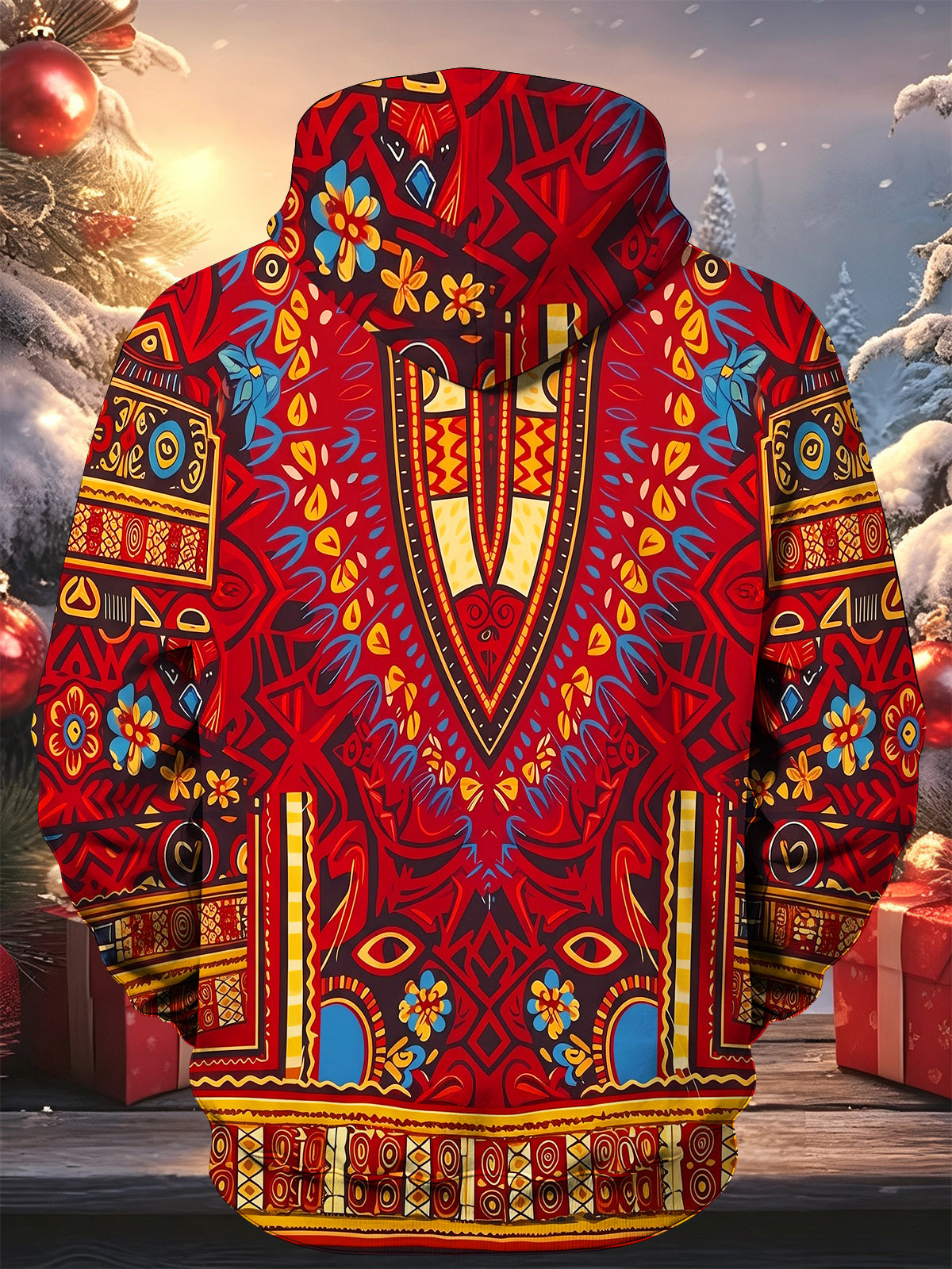 Oceanlyte Men's Geometric Totem Pattern With Floral Motifs Long Sleeve Hoodie
