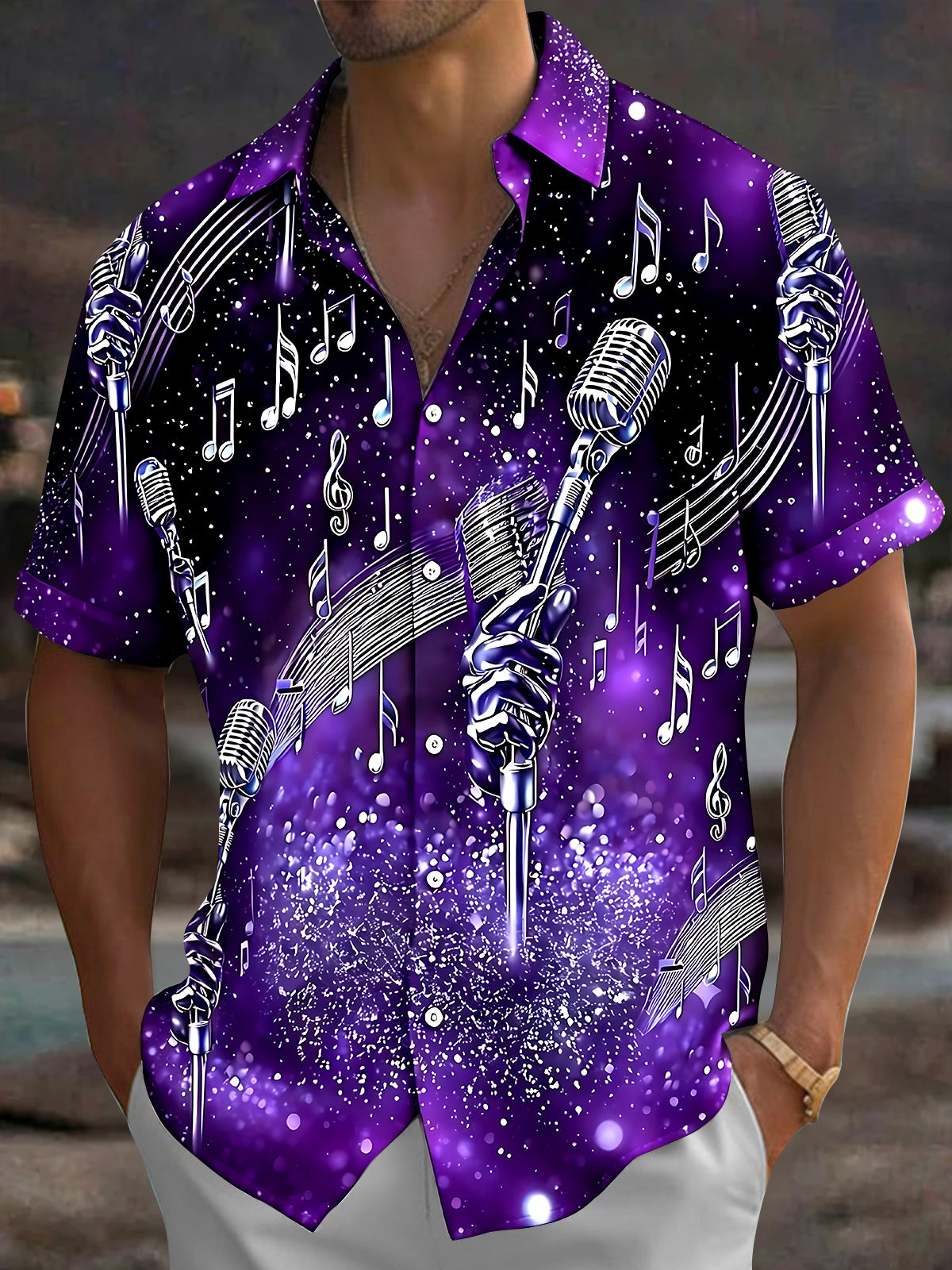 Oceanlyte Men's Graphic Microphone Print Short Sleeve Shirt with Chest Pocket