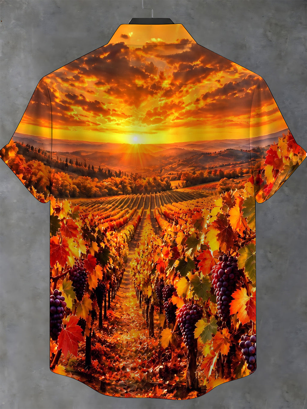 Oceanlyte Men's Short Sleeve Shirt - Autumn Vineyard Sunset Landscape With Grapes Print with Chest Pocket