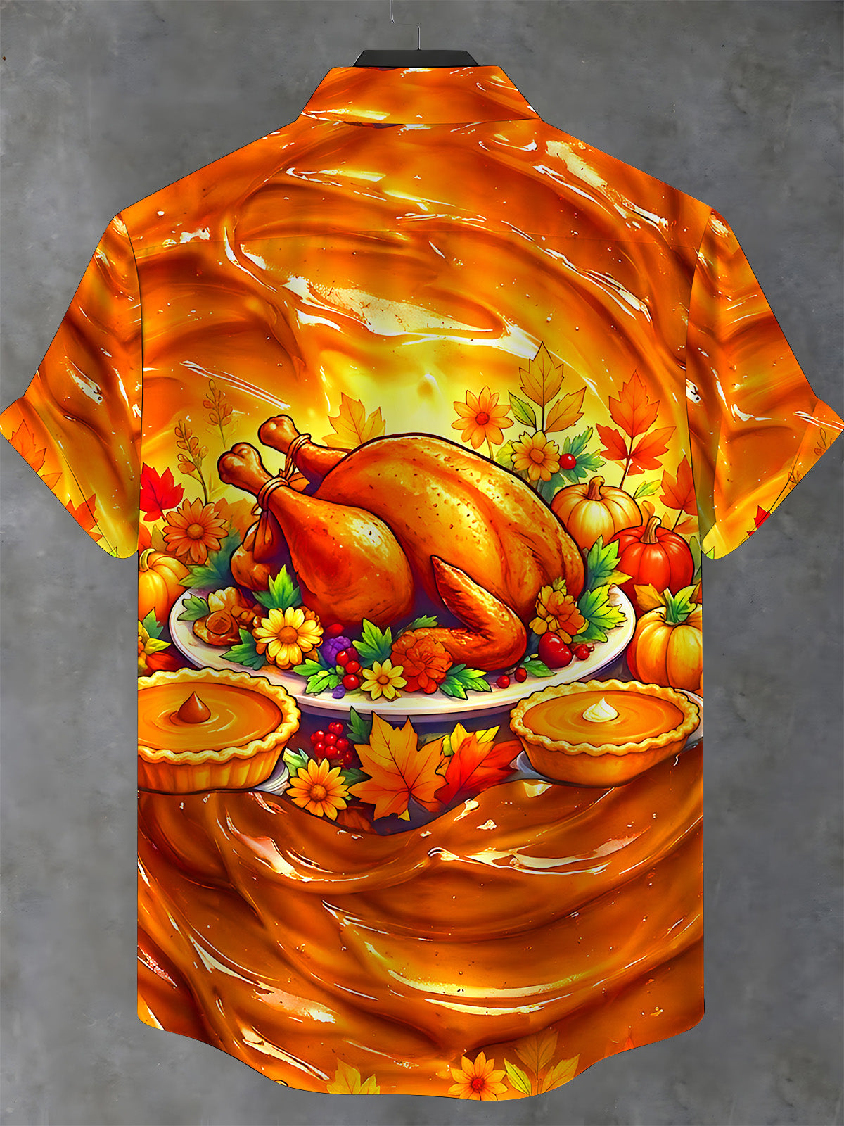 Oceanlyte Men's Short Sleeve Stand Collar Shirt - Thanksgiving Roasted Turkey And Pumpkin Pies Print with Chest Pocket
