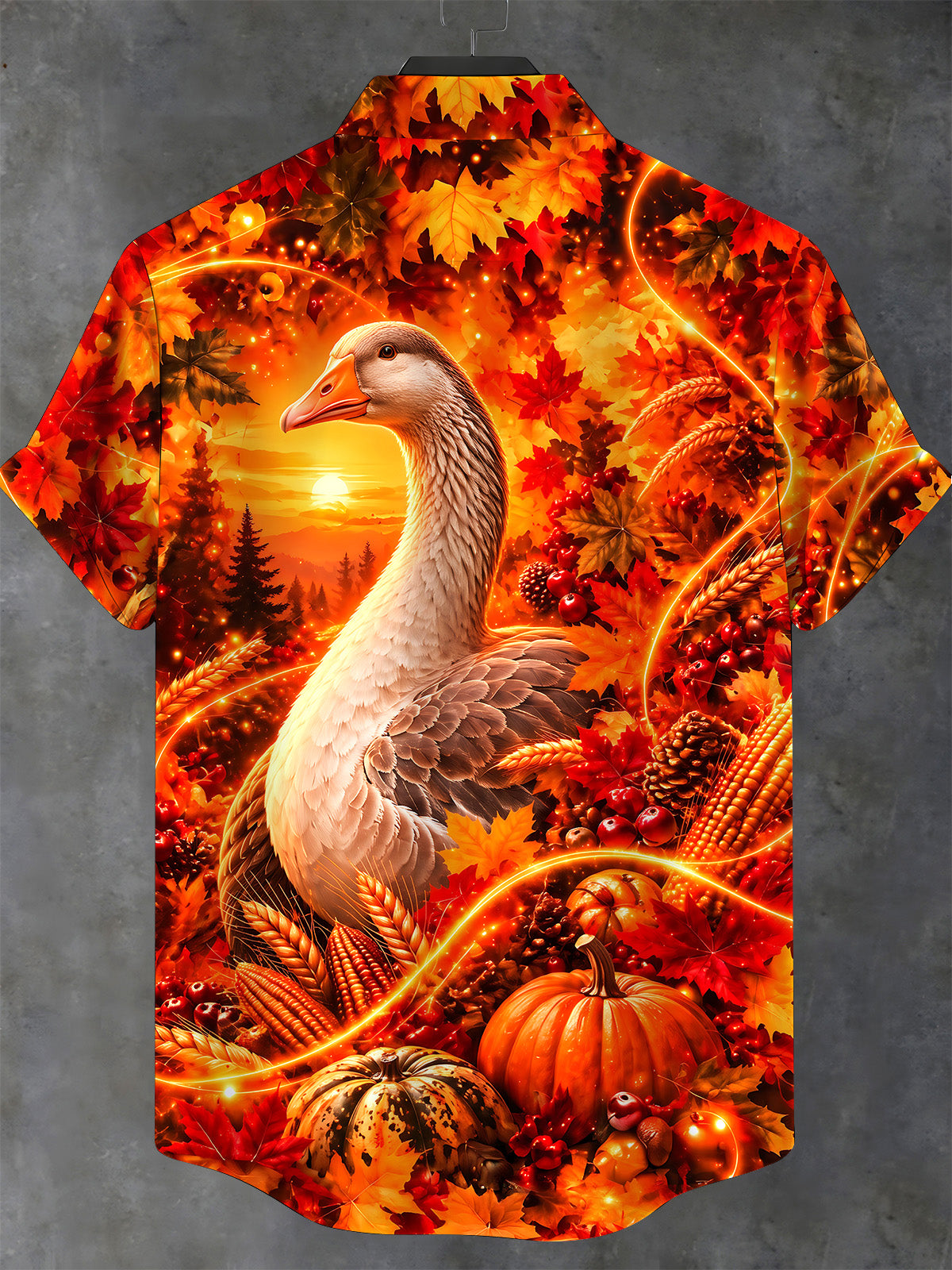 Oceanlyte Men's Short Sleeve Stand Collar Shirt - Thanksgiving Goose And Autumn Harvest Print with Chest Pocket