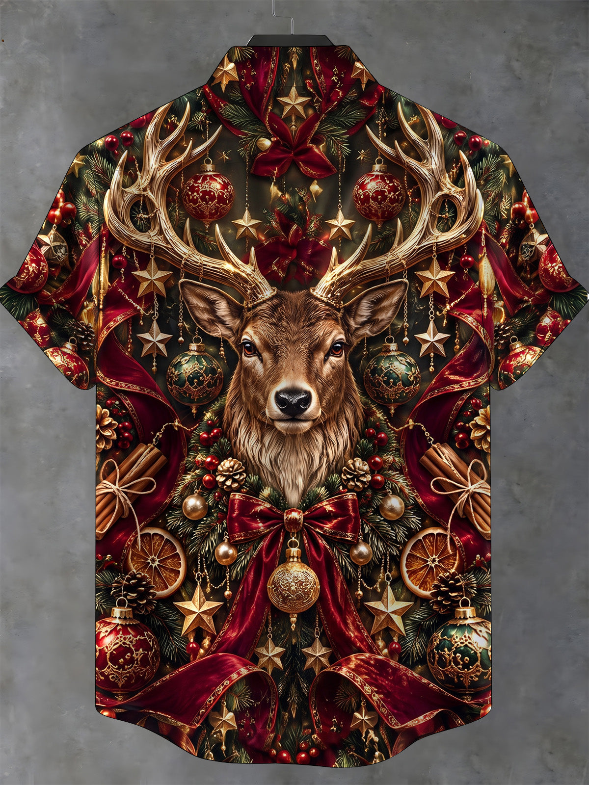 Oceanlyte Men's Hawaiian Christmas Elk And Ornaments Print Short Sleeve Shirt with Chest Pocket