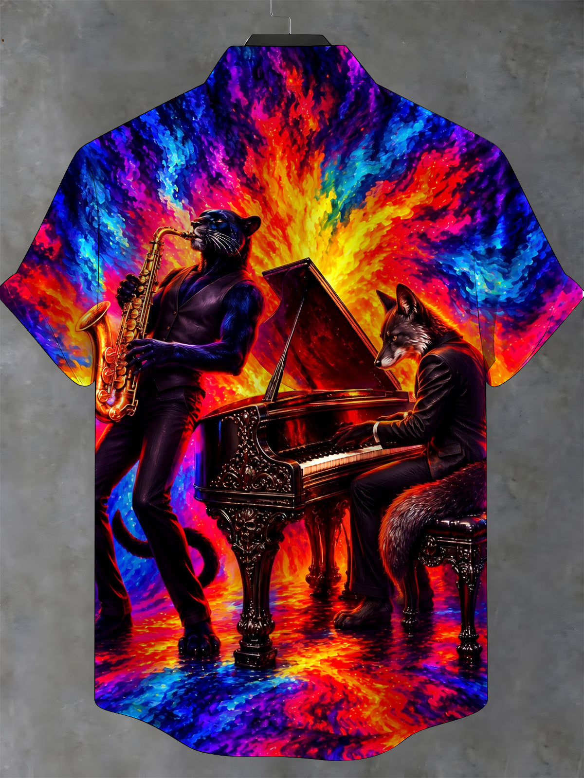 Oceanlyte Men's Short Sleeve Shirt - Anthropomorphic Wolf And Black Panther Musicians Print with Chest Pocket