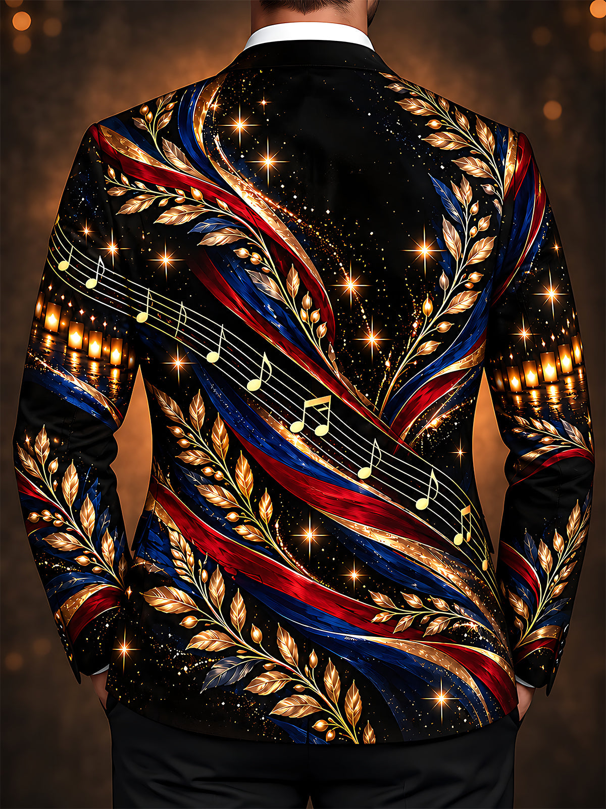 The "USO Showtime" Oceanlyte Men's Long Sleeve Shirt - Veterans Day Musical Notes And Gold Leaves With Patriotic Ribbons Print with Chest Pocket