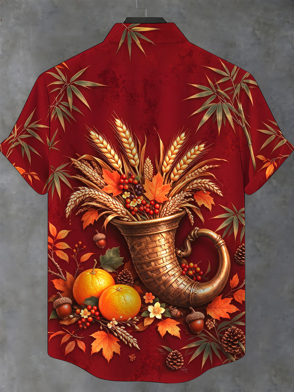 Oceanlyte Men's Short Sleeve Shirt - Thanksgiving Harvest Cornucopia With Wheat And Autumn Leaves Print with Chest Pocket