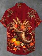 Oceanlyte Men's Short Sleeve Shirt - Thanksgiving Harvest Cornucopia With Wheat And Autumn Leaves Print with Chest Pocket