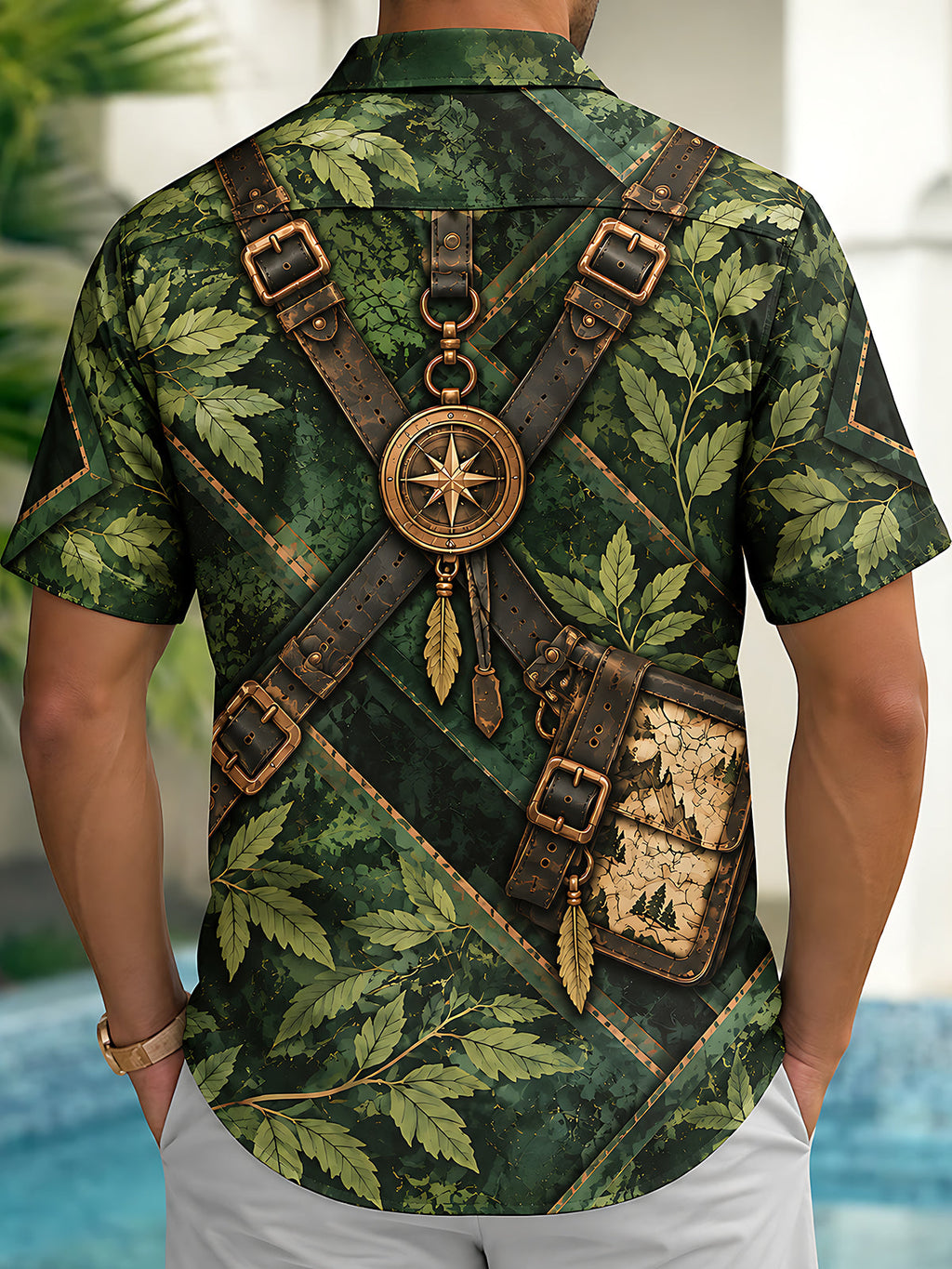 Oceanlyte Men's Printed Jungle Leaves And Explorer Gear Print Short Sleeve Shirt with Chest Pocket