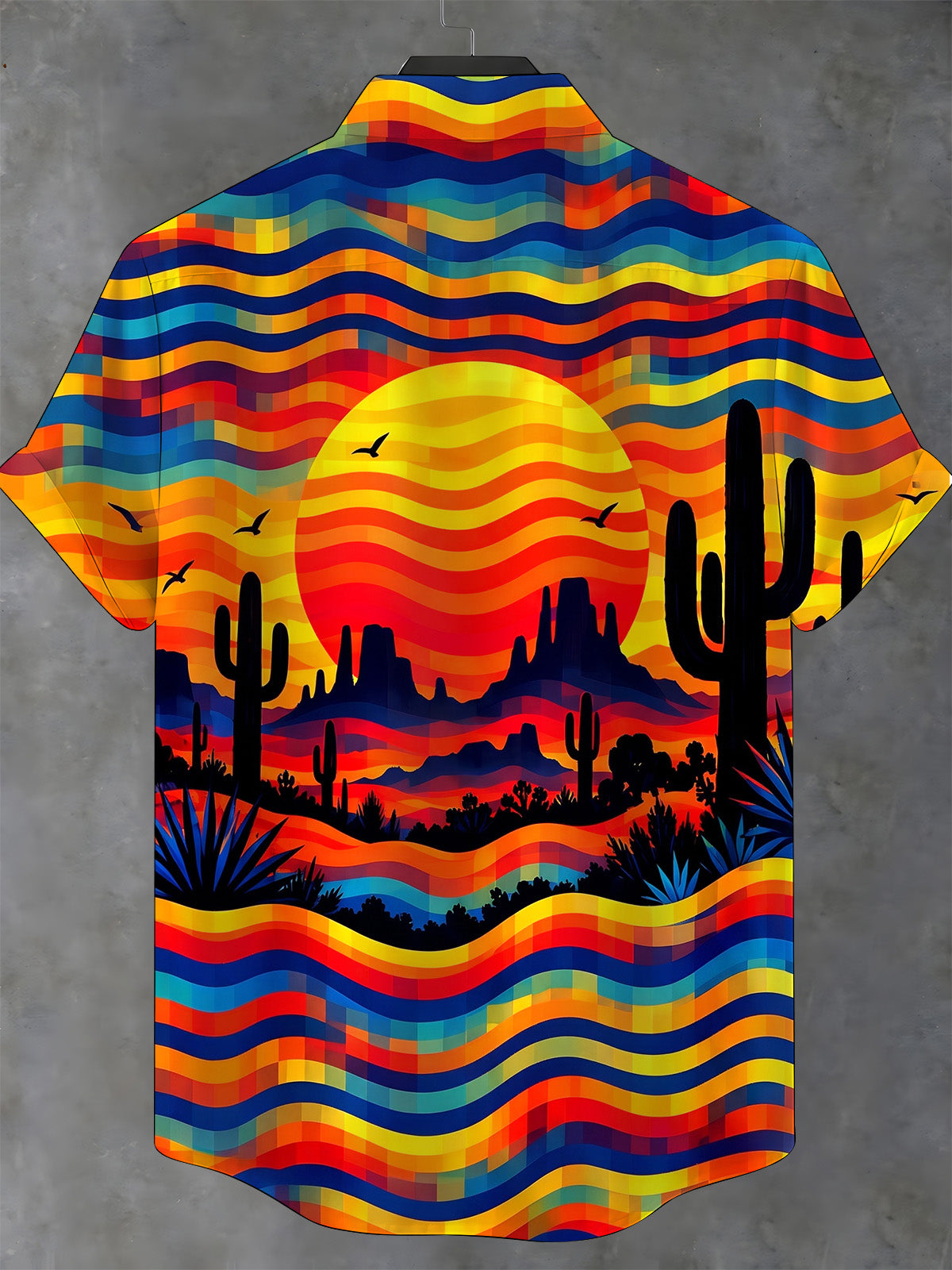 Oceanlyte Men's Short Sleeve Shirt - Desert Sunset Landscape With Cacti And Birds Print with Chest Pocket