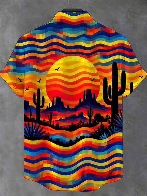 Oceanlyte Men's Short Sleeve Shirt - Desert Sunset Landscape With Cacti And Birds Print with Chest Pocket