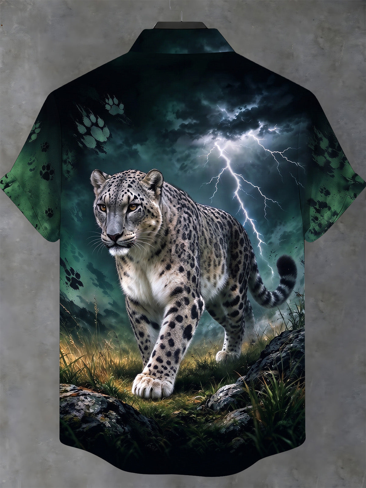 Oceanlyte Men's Snow Leopard Walking Print Short Sleeve Stand Collar Shirt with Chest Pocket
