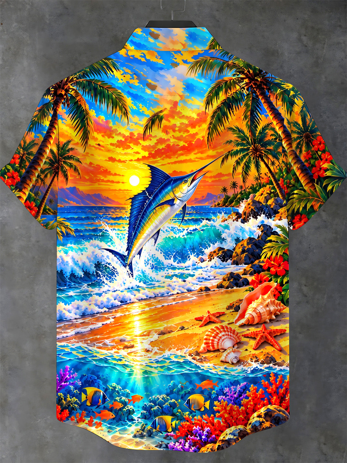 Oceanlyte Men's Short Sleeve Stand Collar Shirt - Sailfish And Tropical Beach Sunset Print with Chest Pocket